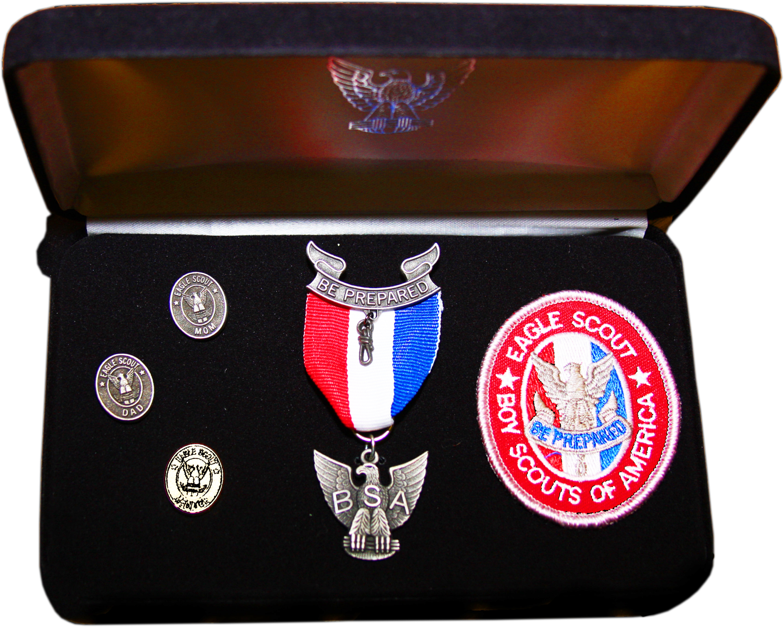 Eagle Scout Award set of pins, ribbon with cast metal eagle, and patch